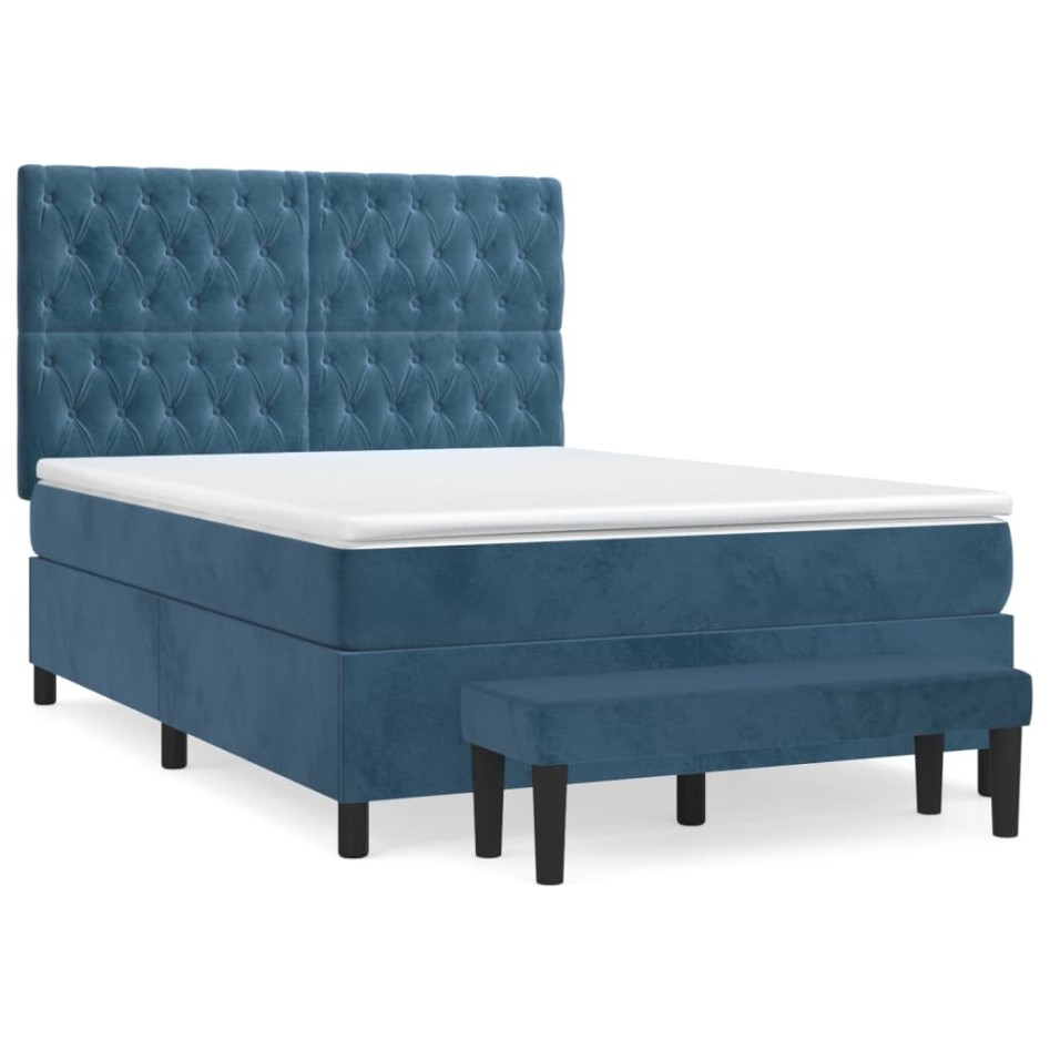 Cama box spring con colchón terciopelo azul oscuro 140x200