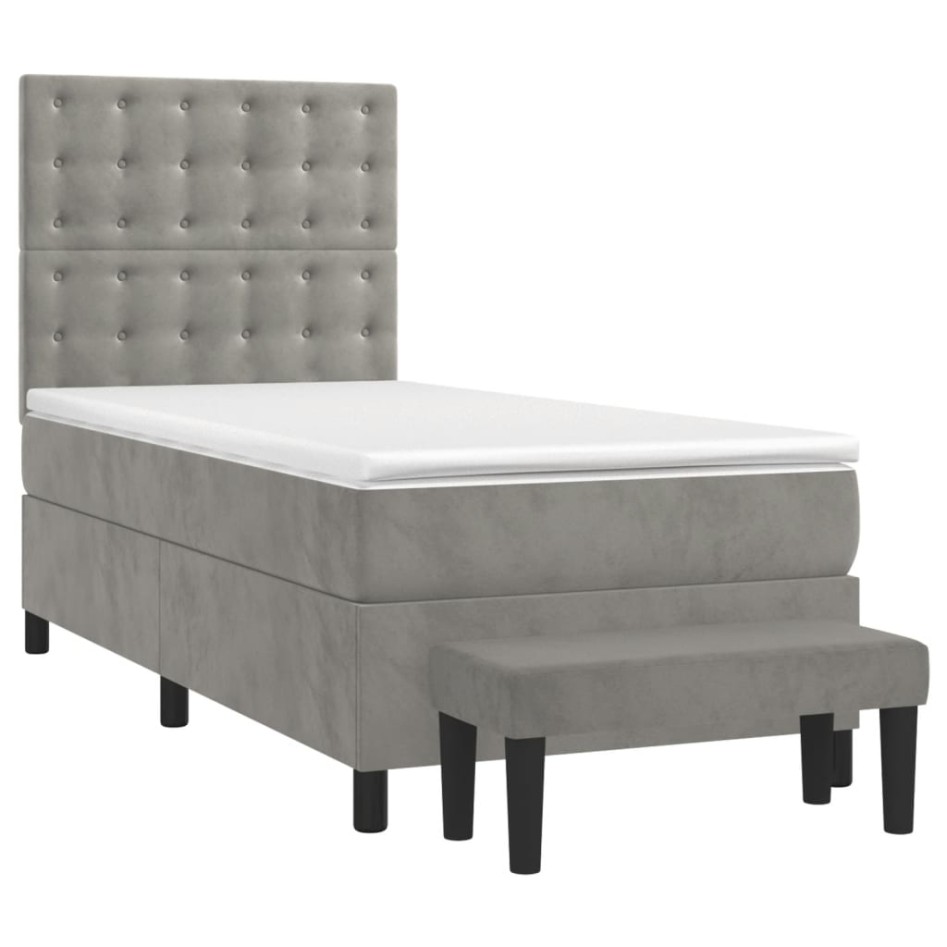 Cama box spring con colchón terciopelo gris claro 90x190