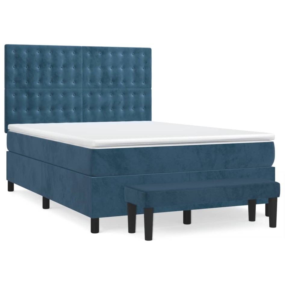 Cama box spring con colchón terciopelo azul oscuro 140x190