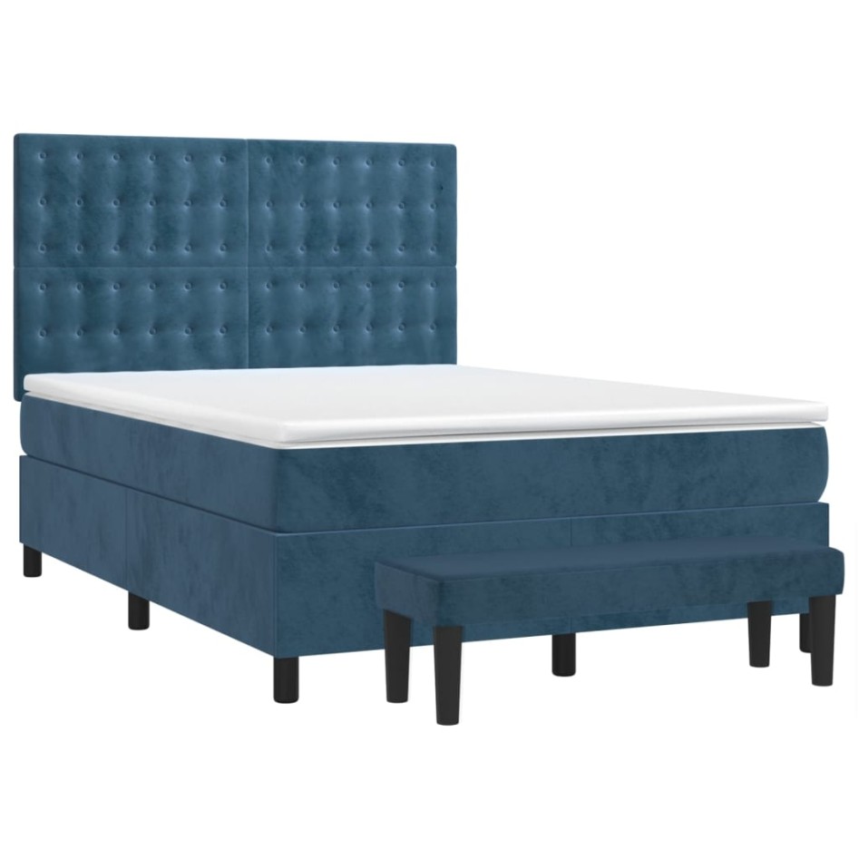 Cama box spring con colchón terciopelo azul oscuro 140x190