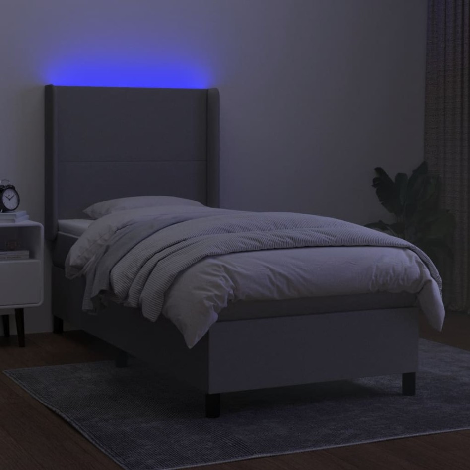 Cama box spring colchón y luces LED tela gris claro 100x200