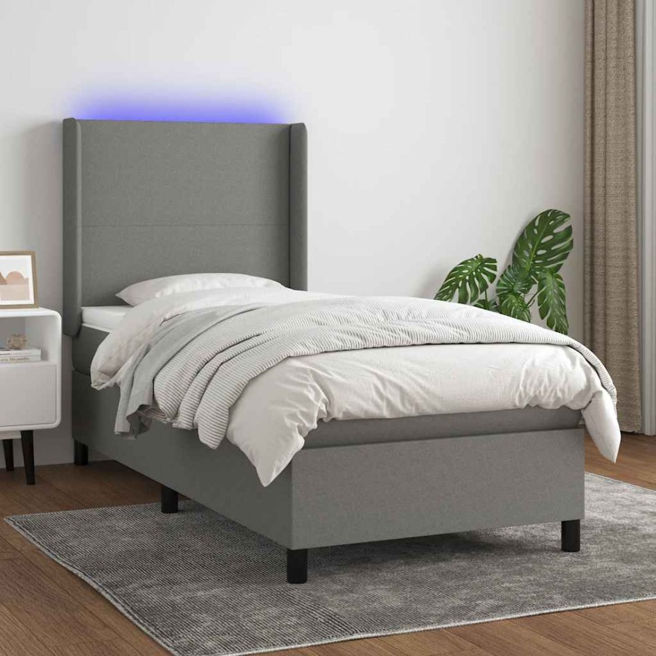 Cama box spring colchón y luces LED tela gris oscuro 80x200