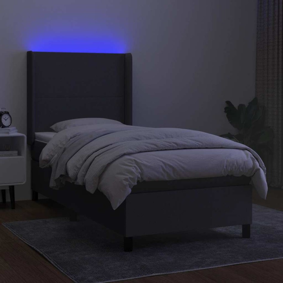Cama box spring colchón y luces LED tela gris oscuro 80x200