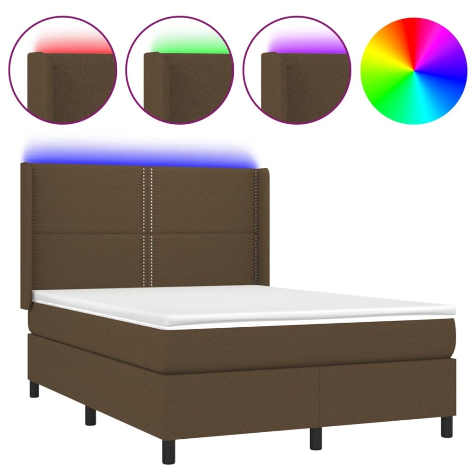 Cama box spring colchón luces LED tela marrón oscuro