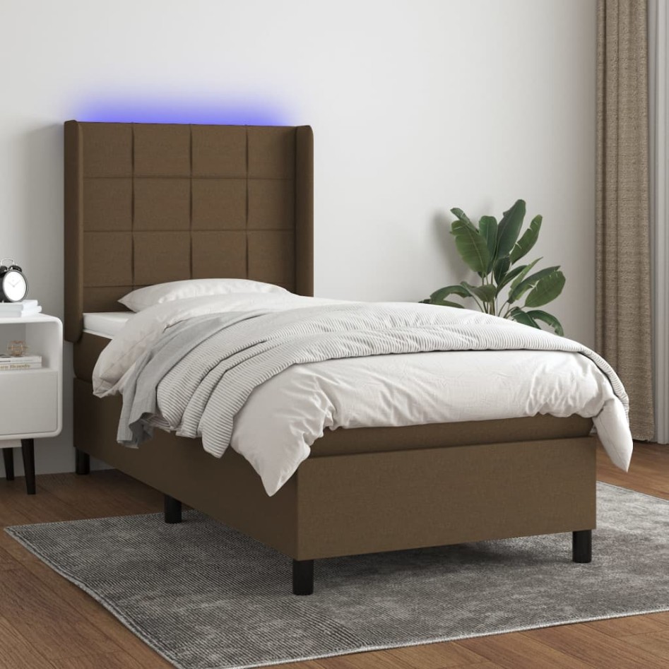 Cama box spring colchón luces LED tela marrón oscuro