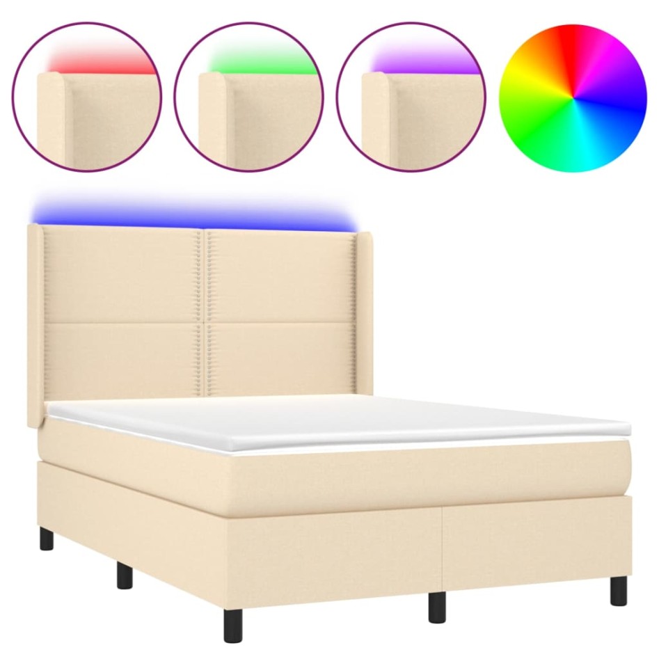 Cama box spring colchón y luces LED tela crema 140x200