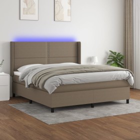 Cama box spring colchón y luces LED tela gris taupe 160x200