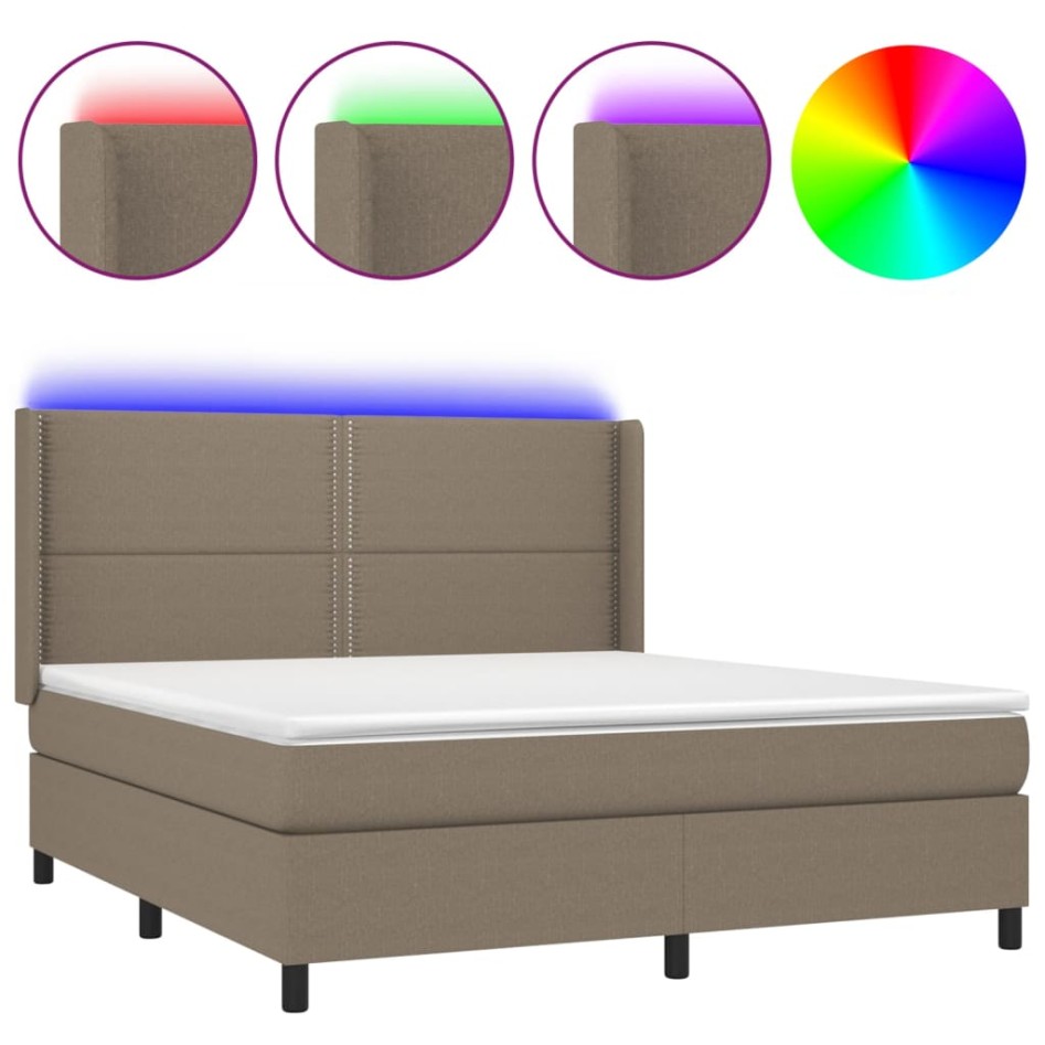 Cama box spring colchón y luces LED tela gris taupe 160x200