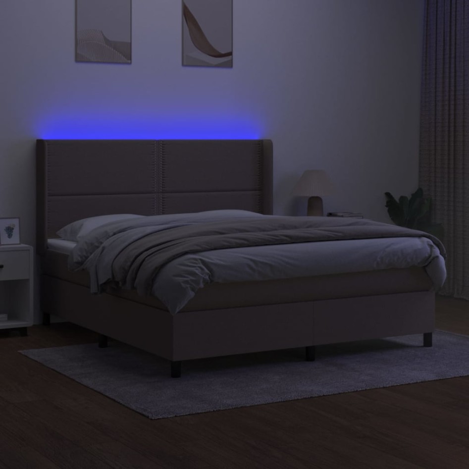 Cama box spring colchón y luces LED tela gris taupe 160x200