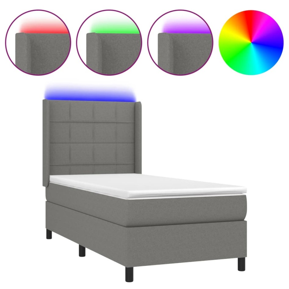 Cama box spring colchón y luces LED tela gris oscuro 100x200