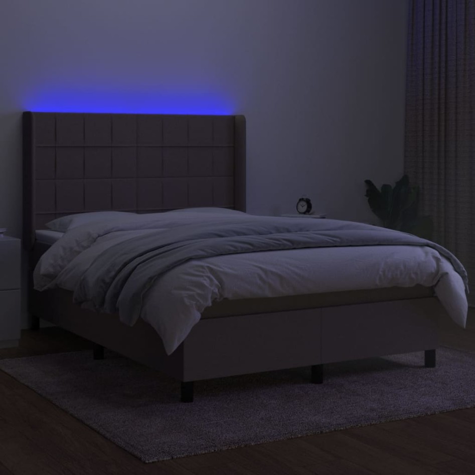 Cama box spring colchón y luces LED tela gris taupe 140x190