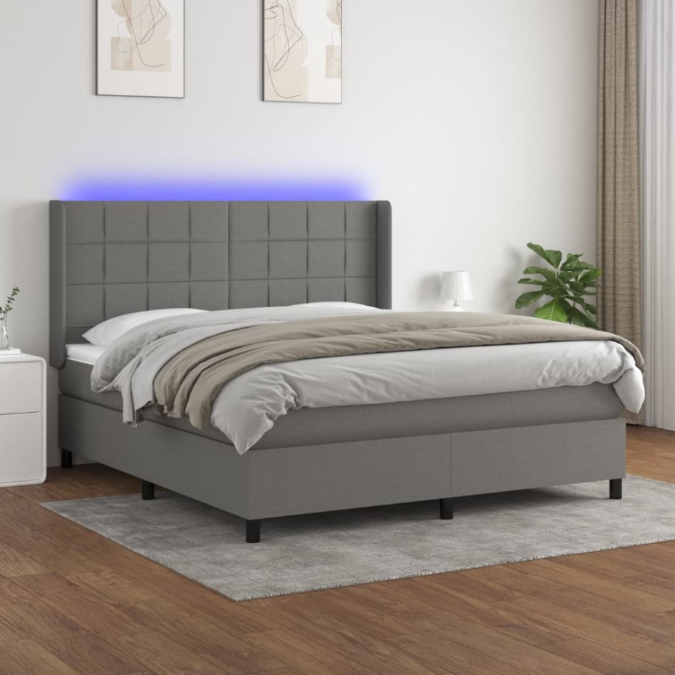 Cama box spring colchón y luces LED tela gris oscuro 160x200