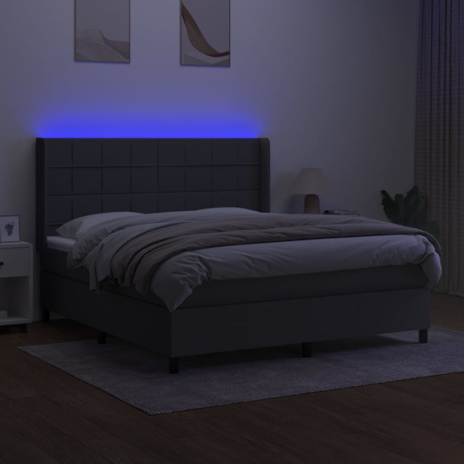 Cama box spring colchón y luces LED tela gris oscuro 160x200