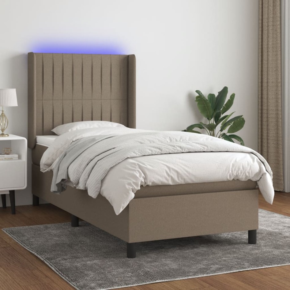 Cama box spring colchón y luces LED tela gris taupe 90x190