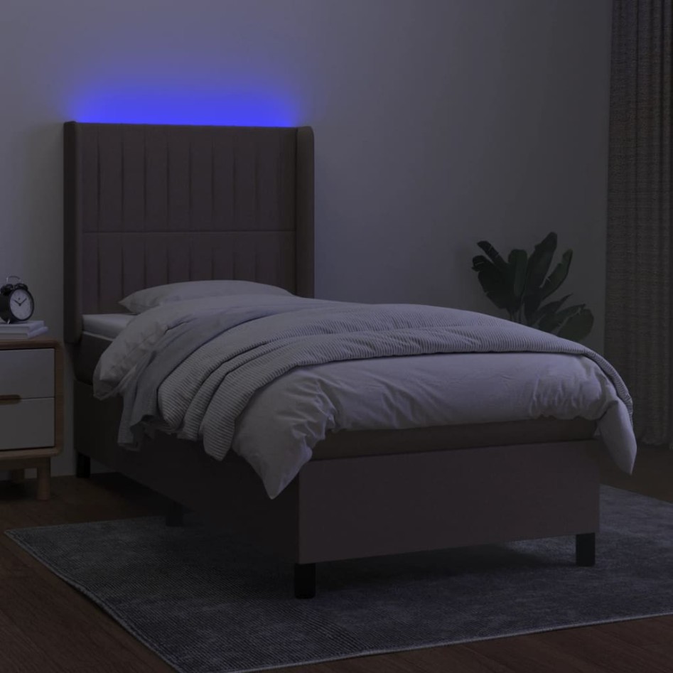 Cama box spring colchón y luces LED tela gris taupe 90x190
