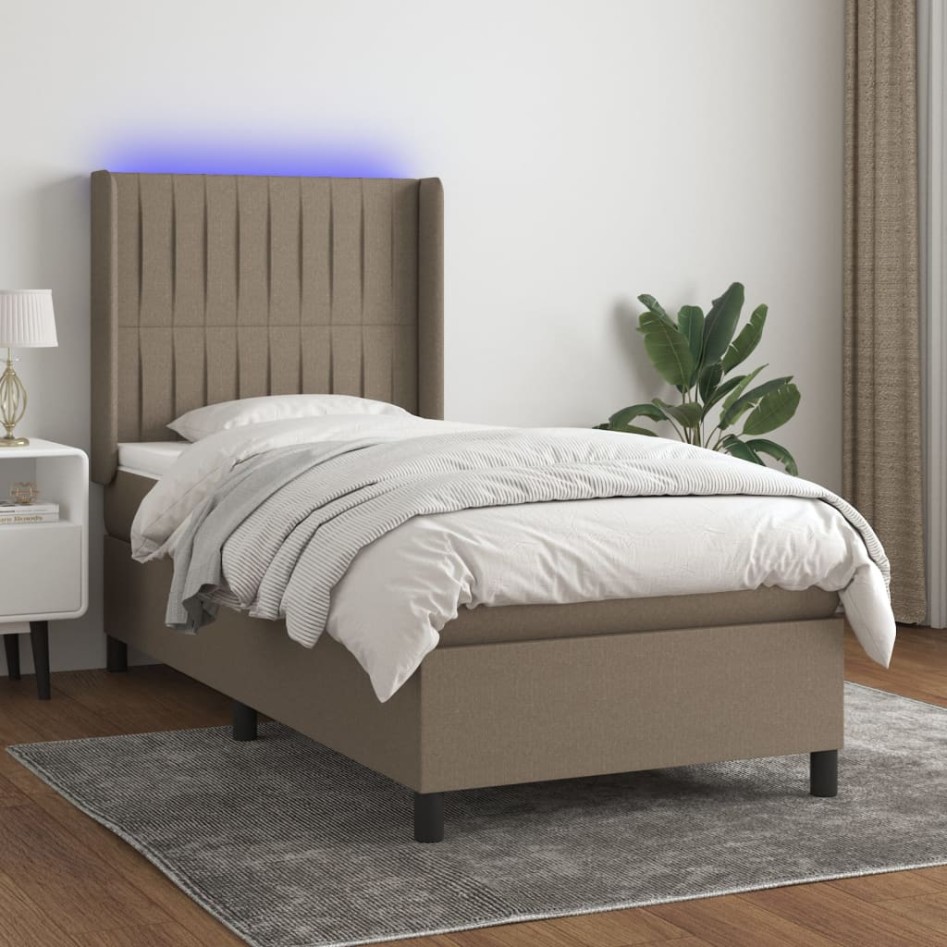 Cama box spring colchón y luces LED tela gris taupe 100x200