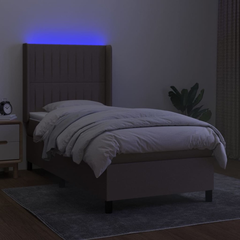 Cama box spring colchón y luces LED tela gris taupe 100x200
