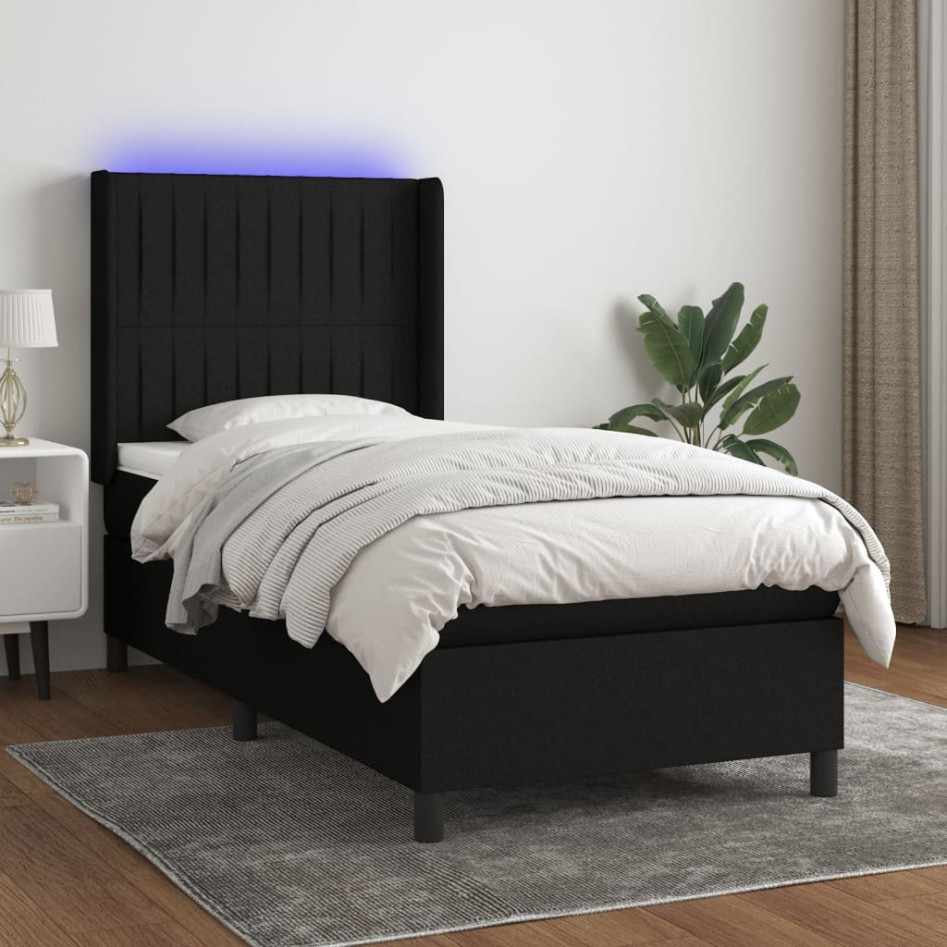 Cama box spring colchón y luces LED tela negro 100x200
