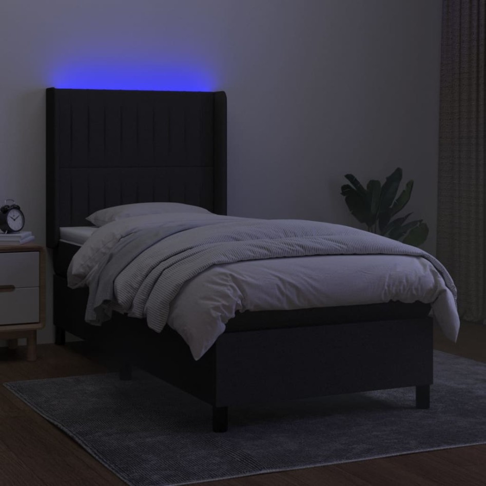 Cama box spring colchón y luces LED tela negro 100x200