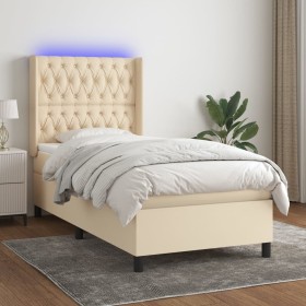 Cama box spring colchón y luces LED tela crema 100x200