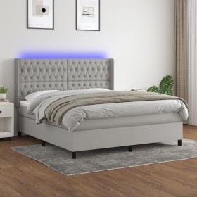 Cama box spring colchón y luces LED tela gris claro 160x200