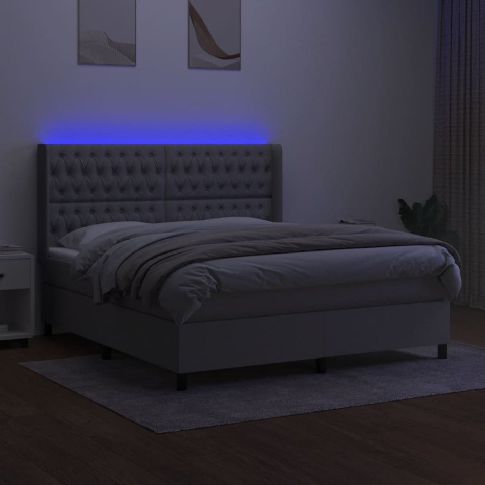 Cama box spring colchón y luces LED tela gris claro 160x200