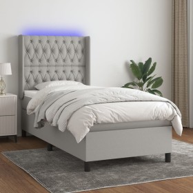 Cama box spring colchón y luces LED tela gris claro 90x200