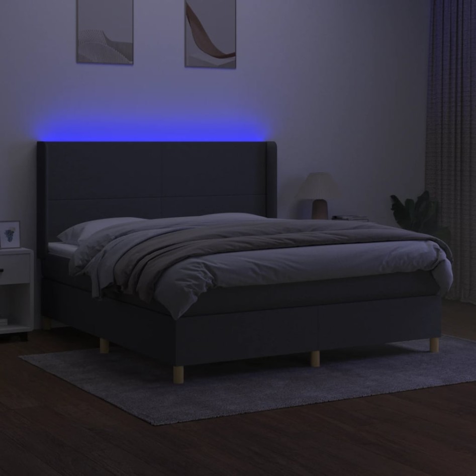 Cama box spring colchón y luces LED tela gris oscuro 160x200