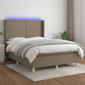 Cama box spring colchón y luces LED tela gris taupe 140x200