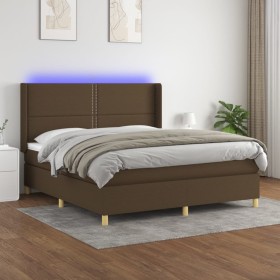 Cama box spring colchón luces LED tela marrón oscuro