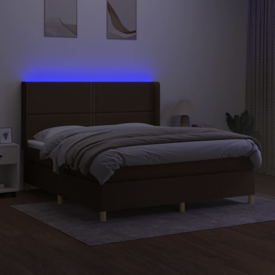 Cama box spring colchón luces LED tela marrón oscuro