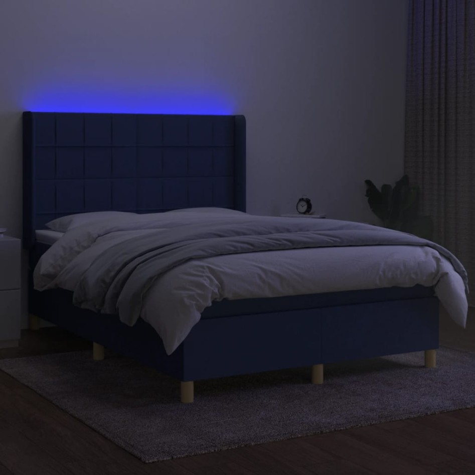 Cama box spring colchón y luces LED tela azul 140x200