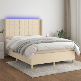 Cama box spring colchón y luces LED tela crema 140x190