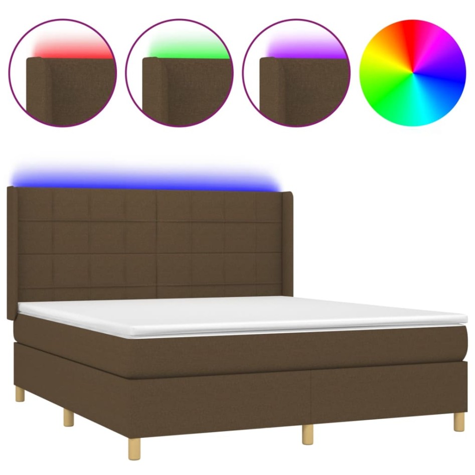 Cama box spring colchón luces LED tela marrón oscuro