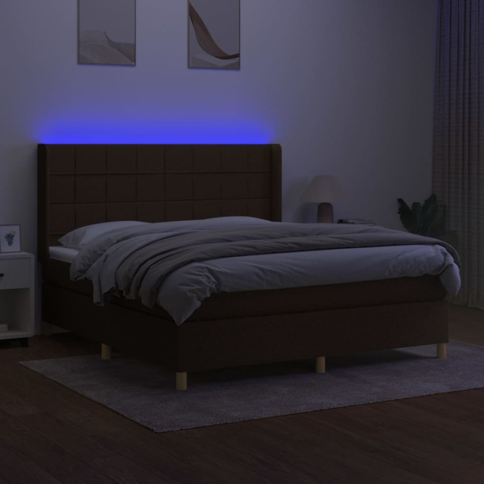 Cama box spring colchón luces LED tela marrón oscuro