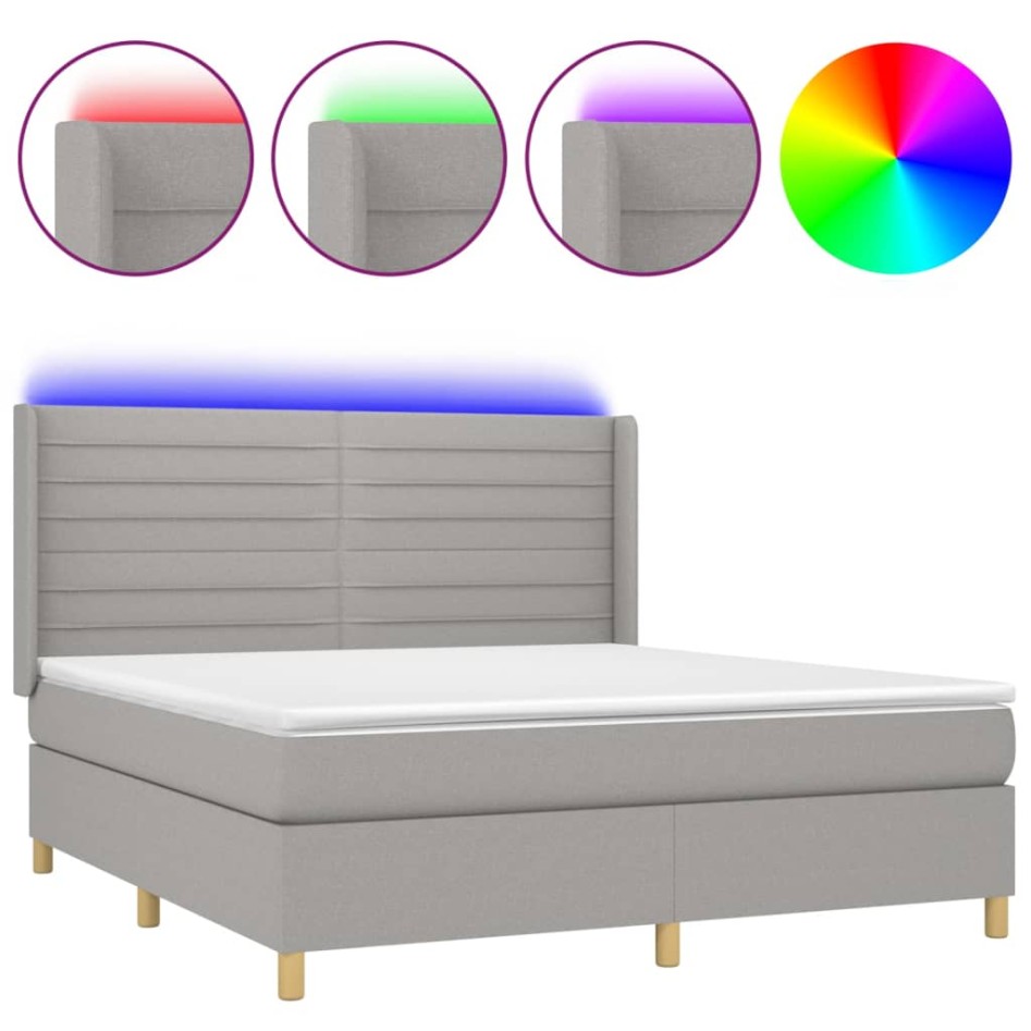 Cama box spring colchón y luces LED tela gris claro 160x200