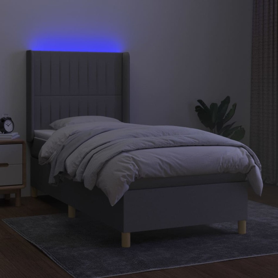 Cama box spring colchón y luces LED tela gris claro 90x200