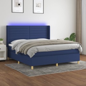 Cama box spring colchón y luces LED tela azul 160x200