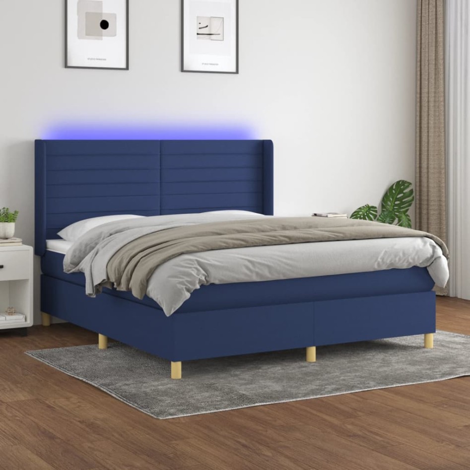 Cama box spring colchón y luces LED tela azul 160x200