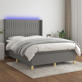 Cama box spring colchón y luces LED tela gris oscuro 140x190