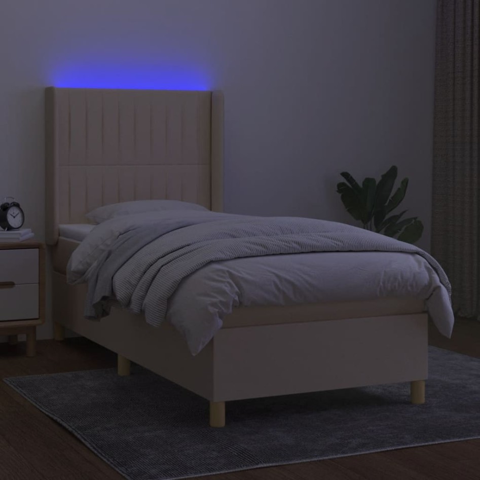 Cama box spring colchón y luces LED tela crema 100x200