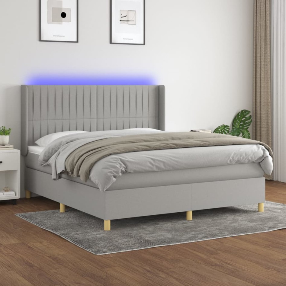 Cama box spring colchón y luces LED tela gris claro 160x200