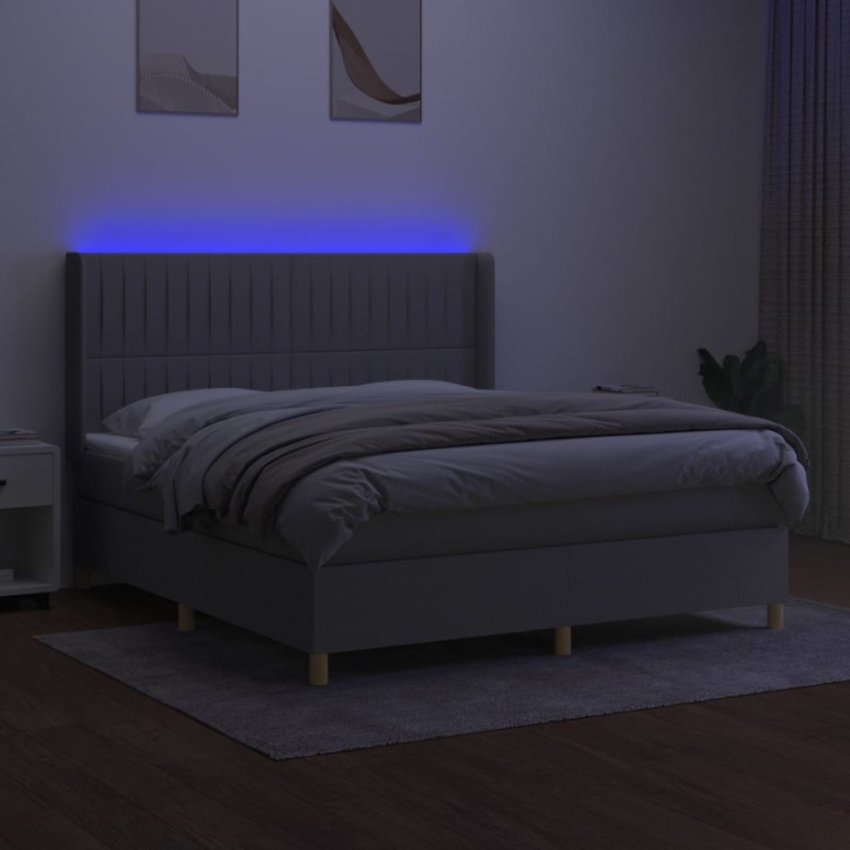 Cama box spring colchón y luces LED tela gris claro 160x200