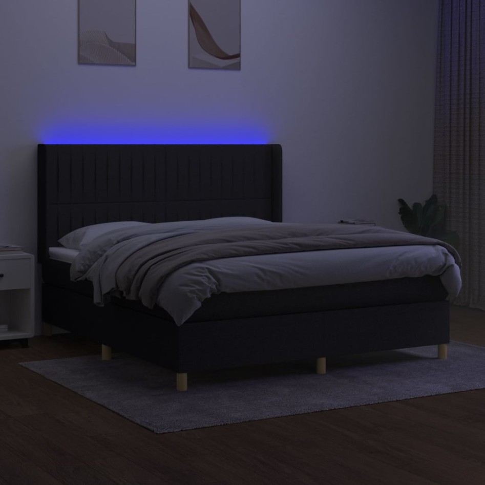Cama box spring colchón y luces LED tela negro 160x200