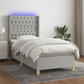 Cama box spring colchón y luces LED tela gris claro 100x200
