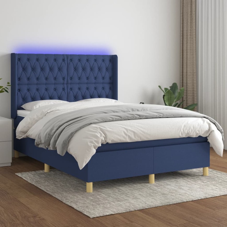 Cama box spring colchón y luces LED tela azul 140x200