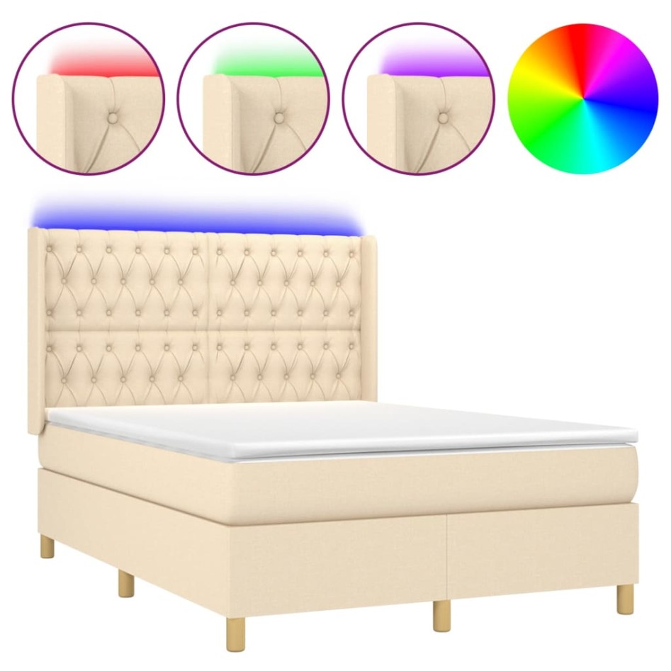 Cama box spring colchón y luces LED tela crema 140x190