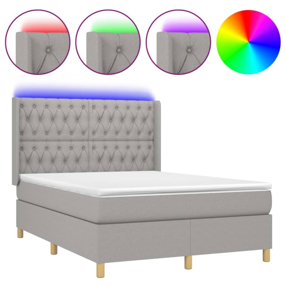 Cama box spring colchón y luces LED tela gris claro 140x190