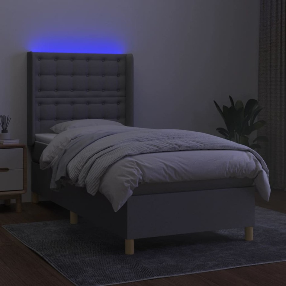 Cama box spring colchón y luces LED tela gris claro 80x200