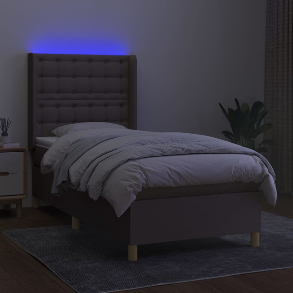 Cama box spring colchón y luces LED tela gris taupe 90x190